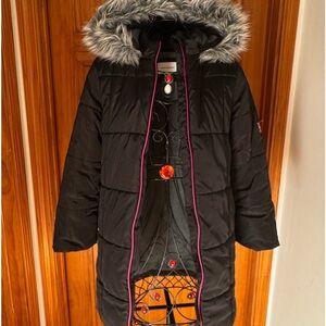 Girls Black Calvin Klein Long Puffer Coat w/Hood, Large (12-14)